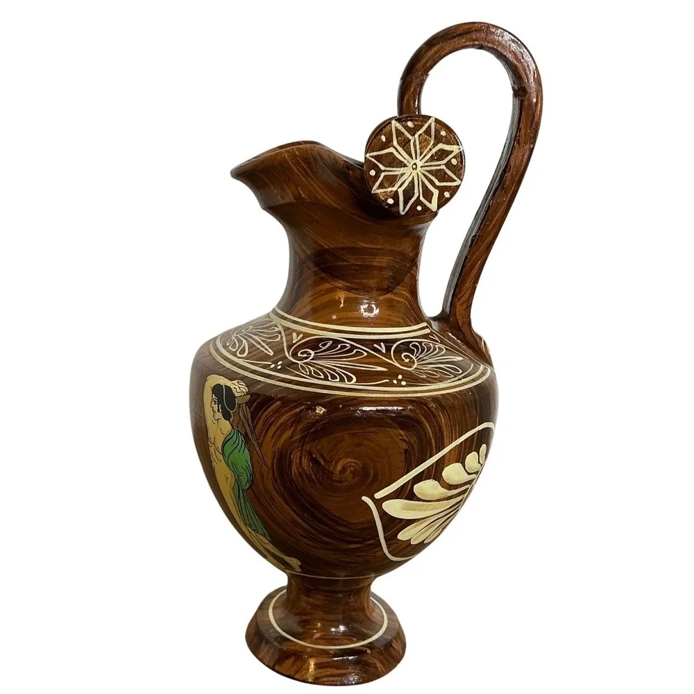 Vintage Greek Hand Painted Pottery Ewer‎ Jug Signed Mid Century MCM Decor